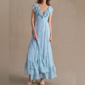 Sachin & Babi Ivy Chiffon Flutter-Sleeve Ruffled V-Neck Gown
